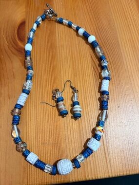 Blue and White Beaded Necklace and Earring Set - Women's Jewelry